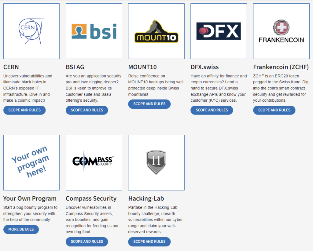 A screenshot of the website of Compass Security showing a list of bug bounty programs.