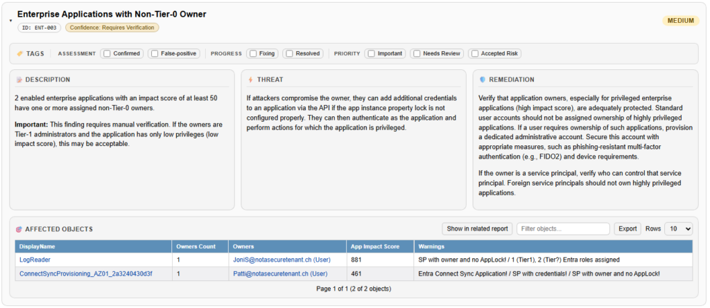 EntraFalcon report view highlighting ENT-003 for enterprise applications owned by non–Tier-0 identities in Entra ID