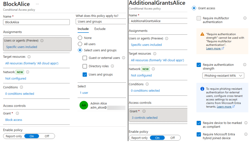 Screenshot of a Conditional Access policy configuration that blocks Alice’s normal access unless additional requirements such as a compliant or joined device are met